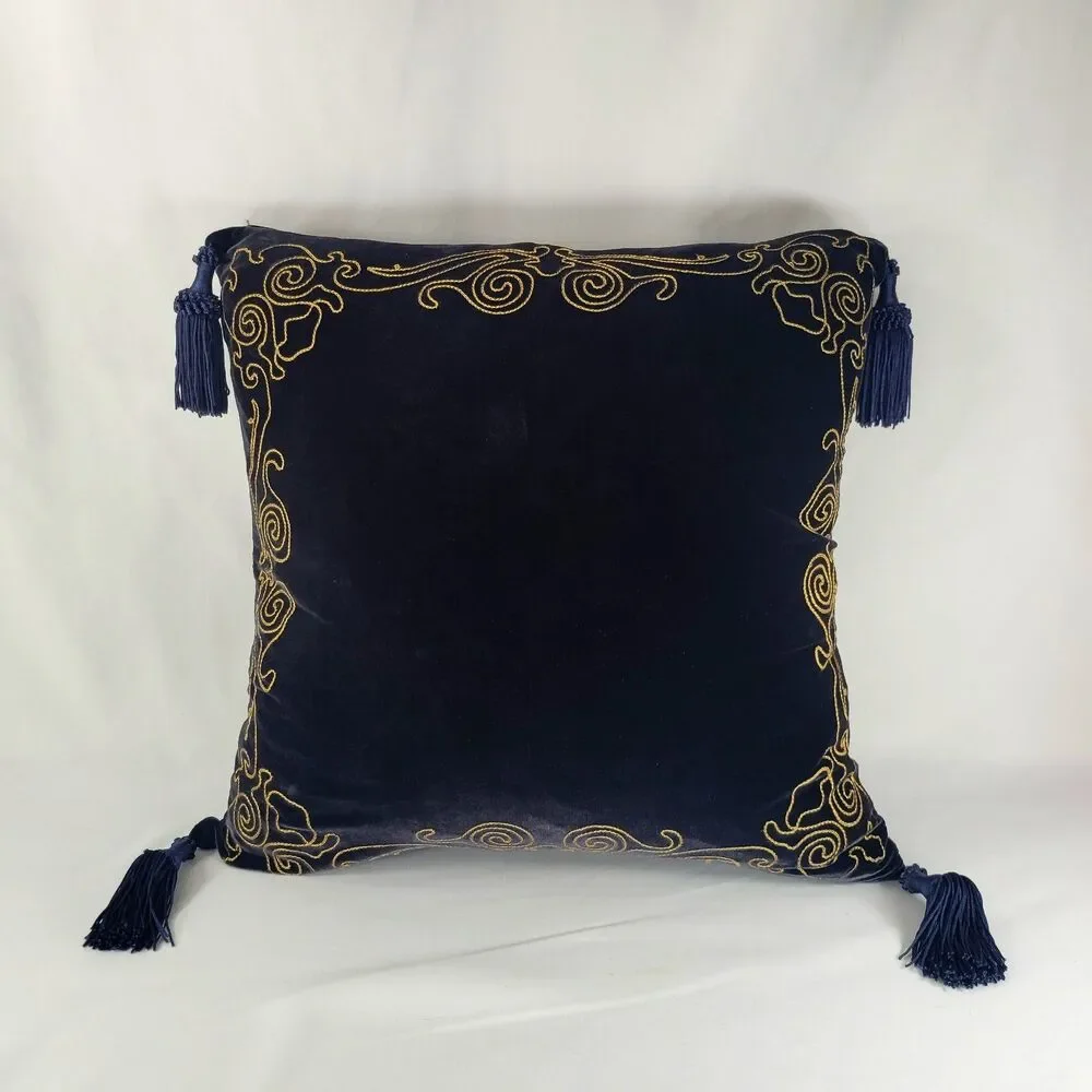 Velvet Navy Blue Gold Tassel Whimsigoth Throw Pillow Square 16